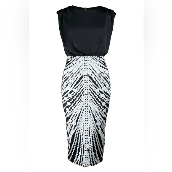 Her.. Bottari Dresses & Skirts - Her.. Bottari Black Satin Pearl Printed Sheath Pencil Midi Dress Size Small